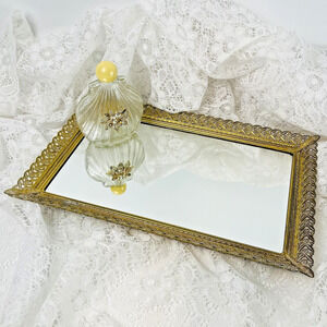Vanity Mirror Tray Rectangle Gold Tone Filigree Perfume Footed Hollywood Regency